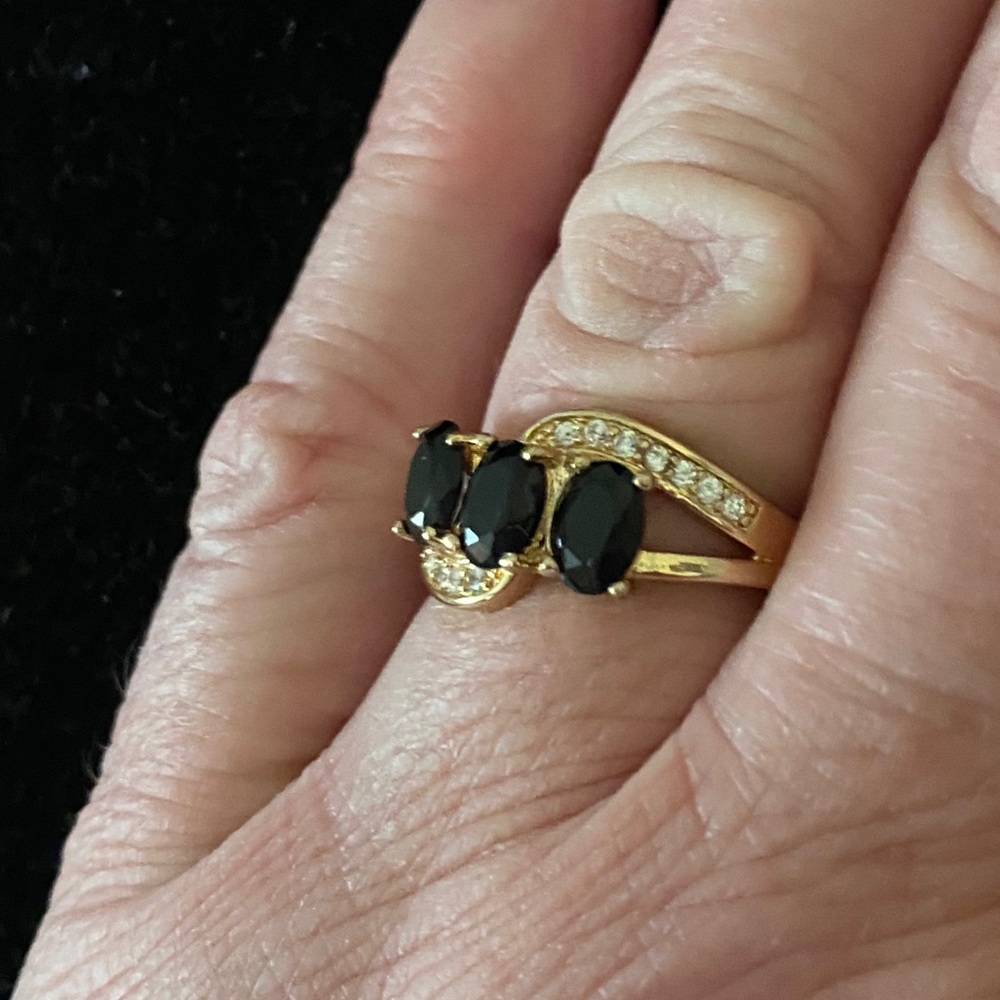Sz 7 STAMPED 925 14 K GF 3 BLACK SAPPHIRES RING - Picture 9 of 11